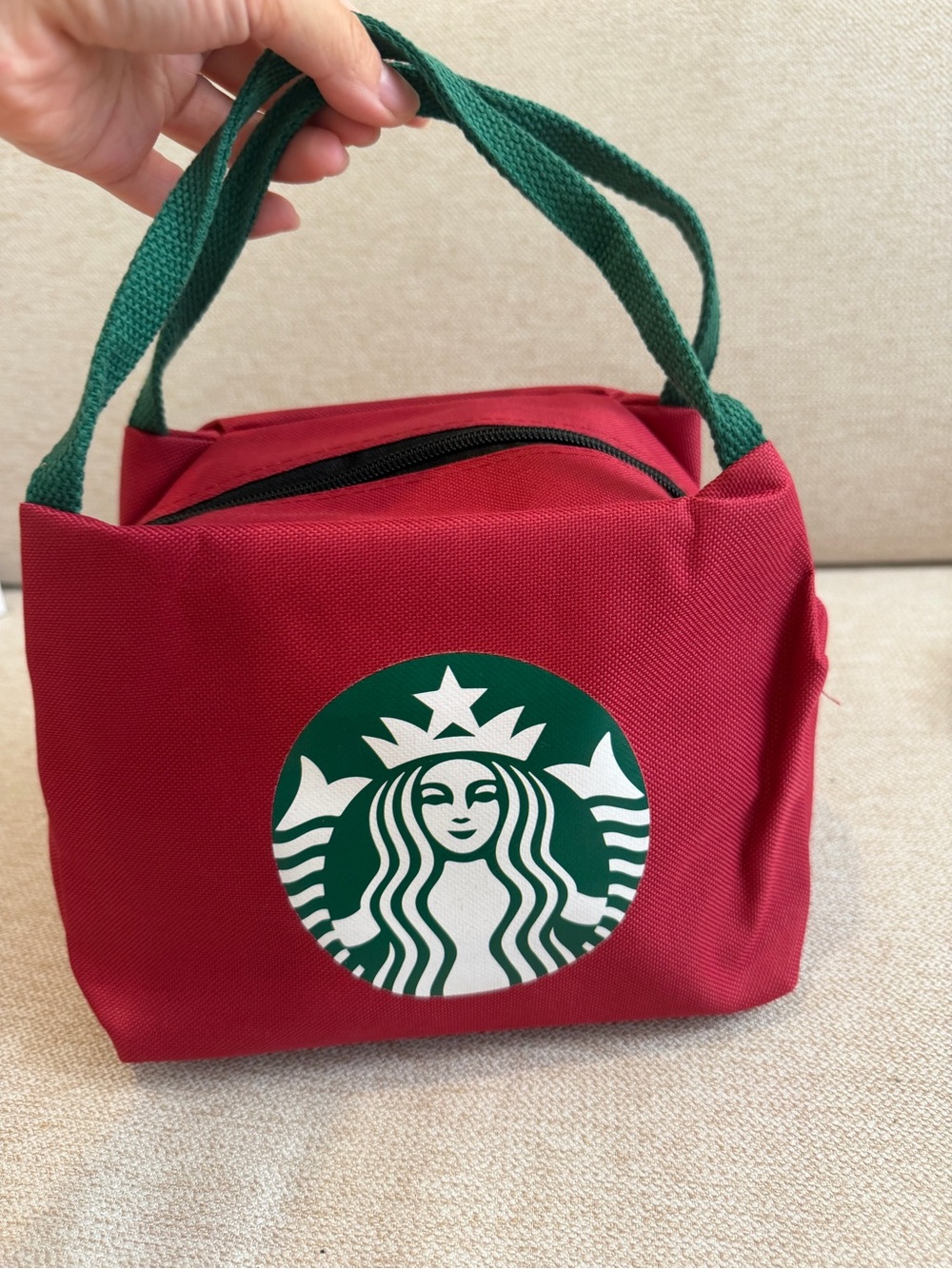 Star Red Canvas Lunch Tote with Green Handles